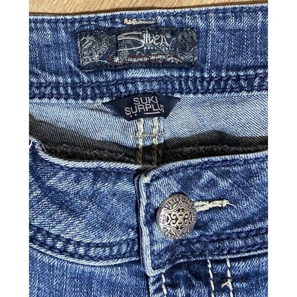 Silver Jeans Suki Surplus Women's 34x32 Bootcut Dark Wash Blue Denim Grunge Rock - Picture 4 of 8